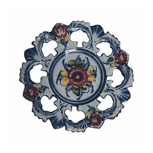 Vintage Blue Hsnd Painted Alcobaca Floral Pierced Plate